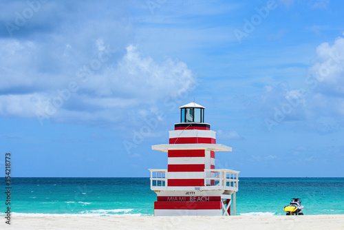 Lifeguard Tower Miami Beach, Florida. Atlantic Ocean background.
