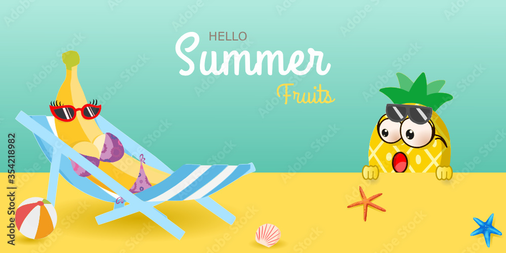 Obraz premium Hello Summer/summer fruits with pineapple boy, banana bikini girl on deck chair and emotion face, sunglasses, starfish, seashell, beach ball design. For greeting card, banner, template, tag sale. 