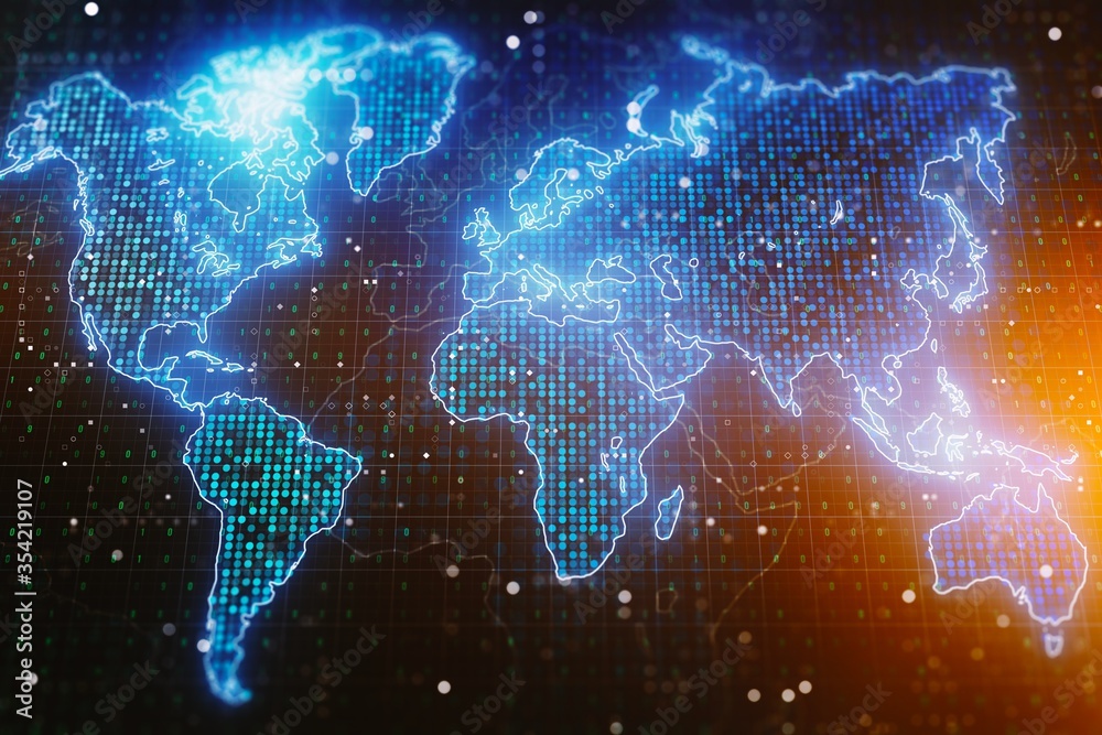 Naklejka premium Abstract graphic world map on dark background, big data and networking concept. 3D Rendering