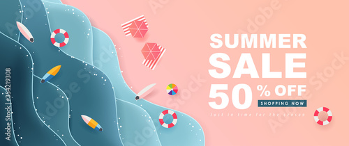Summer sale design with paper cut tropical beach bright Color background layout banners .Paper art concept.voucher discount.Vector illustration template.