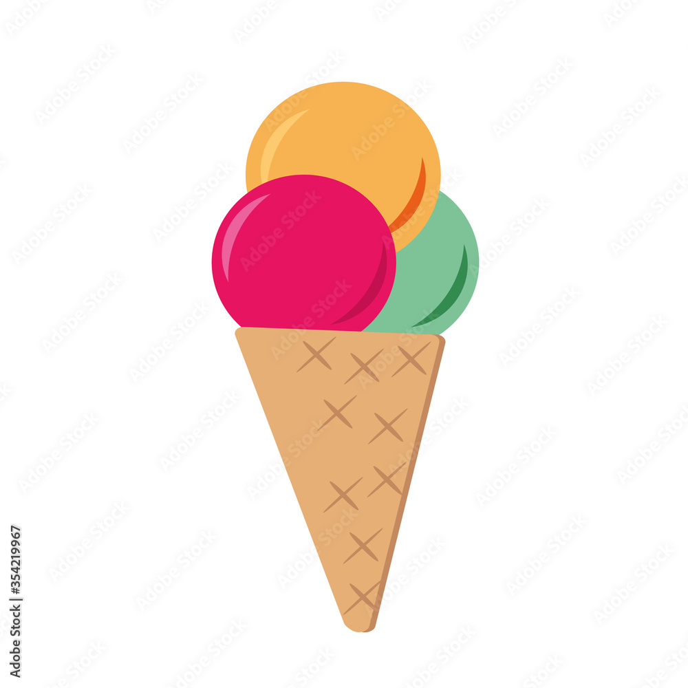 ice cream in a waffle cone. three multi-colored balls. single element in vector flat style, sweet dessert