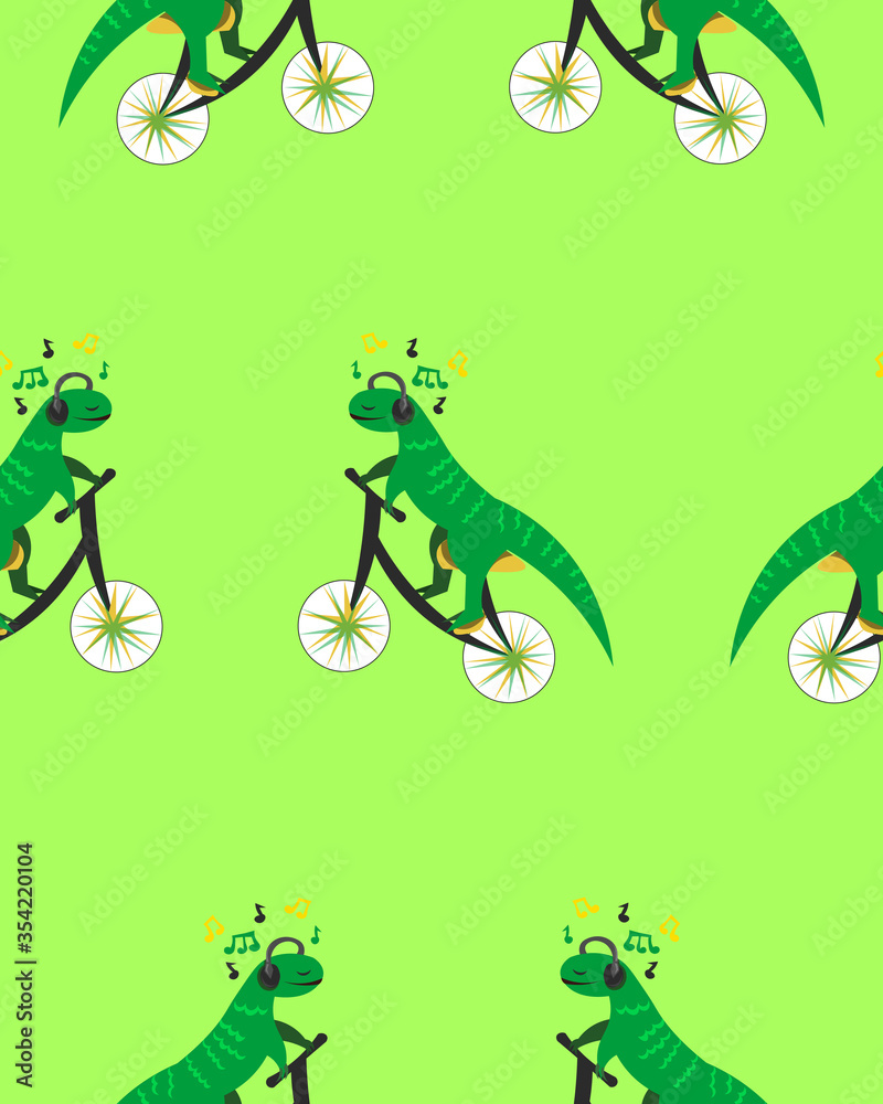 Naklejka premium Dinosaur on a bicycle. Music in the headphones. Green seamless pattern. Design for clothes, gift wrapping, postcards.