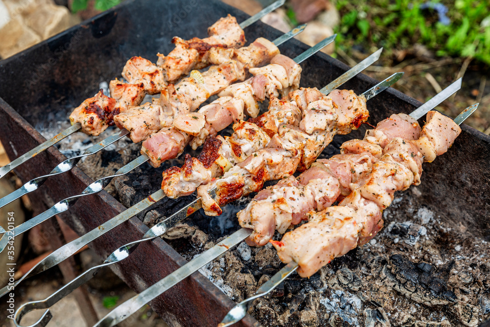 The meat is grilled in a barbecue on the nature. Close-up. Outdoor activities and healthy eating.