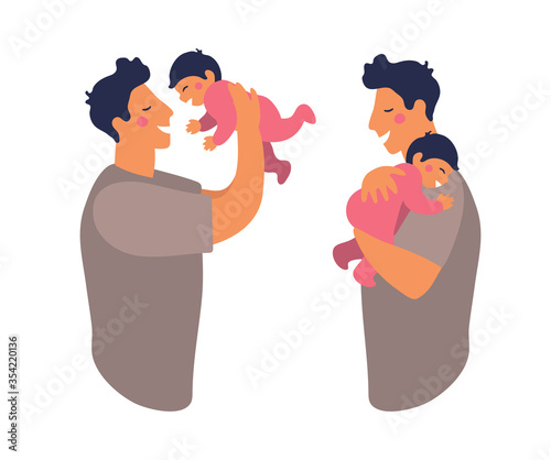 A father hugs and takes care of his child. Cute daddy is playing with his son. Happy dad holds daughter in his arms and smiles. Flat vector illustration isolated on white background