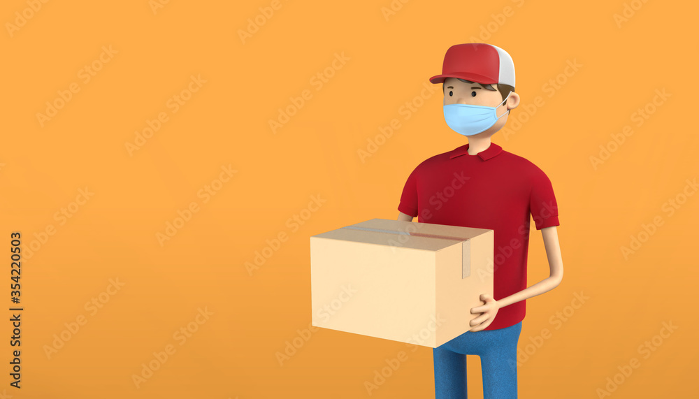 3D rendering of delivery guy with medical surgery mask and parcel box. Red uniform deliveryman deliver express shipment. Shipping service during quarantine pandemic coronavirus virus 2019-ncov concept 3D rendering of delivery guy with medical surgery mask and parcel box. Red uniform deliveryman deliver express shipment. Shipping service during quarantine pandemic coronavirus virus 2019-ncov concept