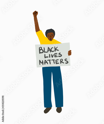 African American man holds a cardboard poster with the message text black leaves matters, concept on the theme of discrimination and police lawlessness of racism.