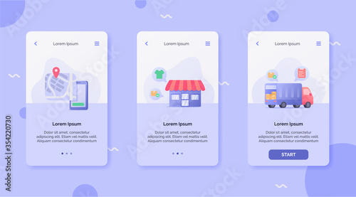 Delivery Service with tracking location store shipping truck campaign concept for mobile apps design landing template modern flat cartoon style.