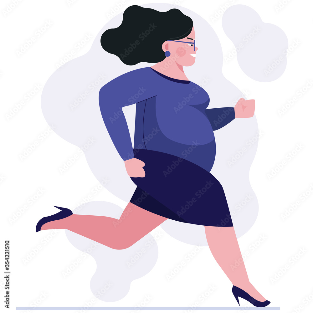 Fat woman in hurry. Female employee in high heeled shoes running to office flat illustration. Late, time management concept for banner, website design or landing web page Fat woman in hurry. Female employee in high heeled shoes running to office flat illustration. Late, time management concept for banner, website design or landing web page