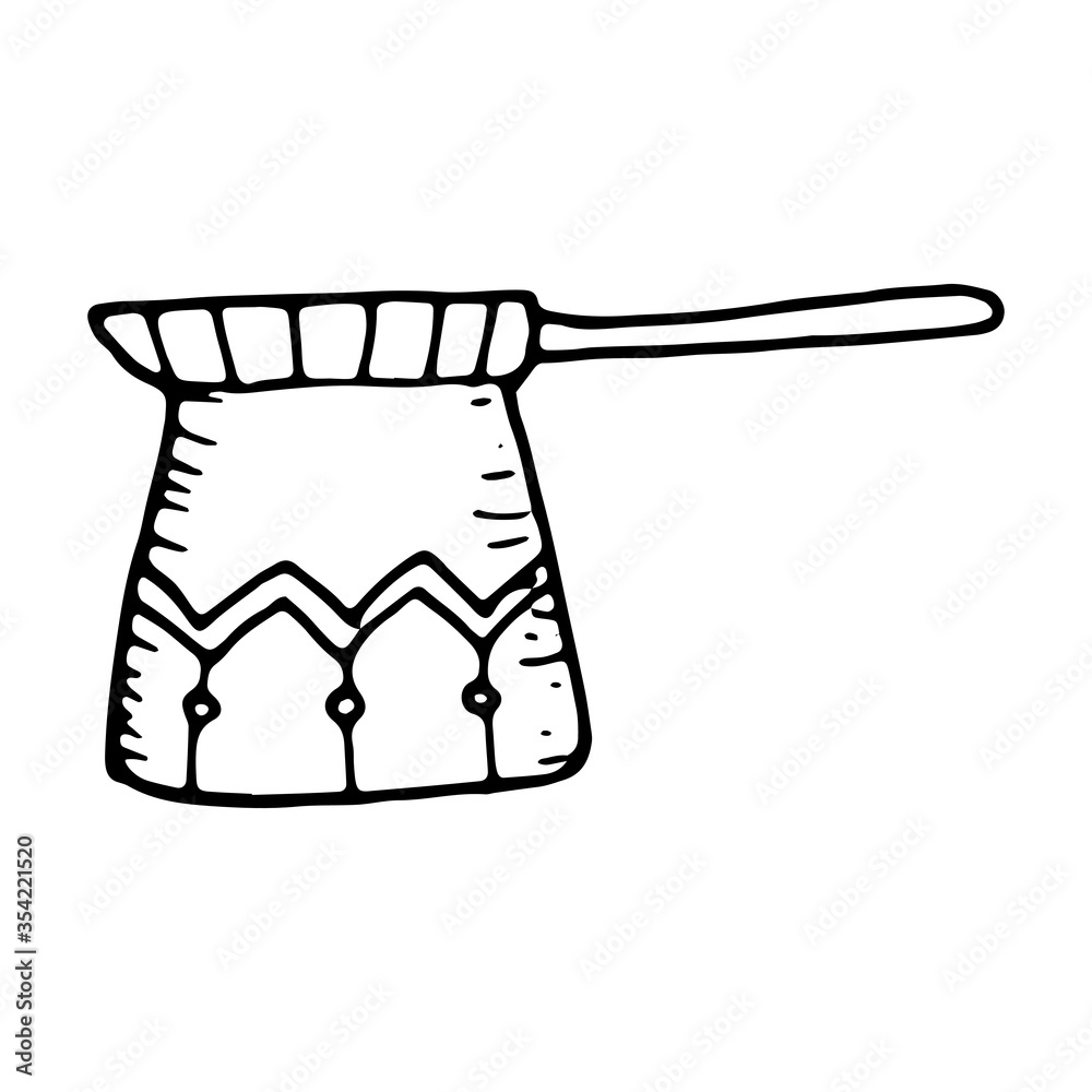 Hand drawn vector cute coffee pot, cezve. Doodle style. Black outline isolated on white. Design for greeting cards, scrapbooking, textile, wrapping paper, cafe or restaurant menu, invitations etc. Hand drawn vector cute coffee pot, cezve. Doodle style. Black outline isolated on white. Design for greeting cards, scrapbooking, textile, wrapping paper, cafe or restaurant menu, invitations etc.
