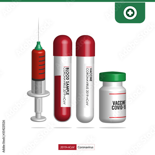 Coronavirus Covid 19 infected blood sample in sample,vaccine medicine bottle flu vaccine anti-vaccination and covid-19 and Syringe with blood,Coronavirus Covid-19 vaccine research,isolate background