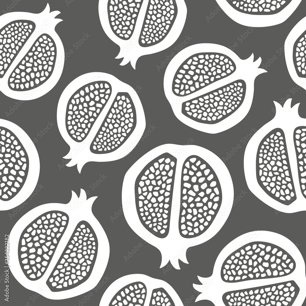 Pomegranate pattern design. Vector fruit outline in black and white. Monochrome tossed healthy food seamless repeat. Pomegranate pattern design. Vector fruit outline in black and white. Monochrome tossed healthy food seamless repeat.