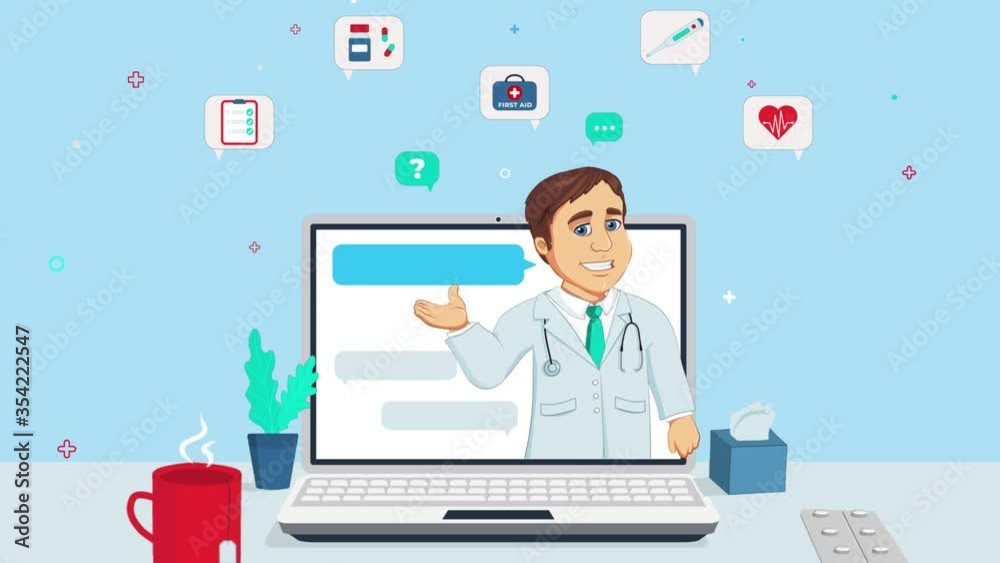 Doctor character with stethoscope on the screen animation, concept of online diagnostics chat, medical consultation site and app. Notebook, medical icons set background Footage Doctor character with stethoscope on the screen animation, concept of online diagnostics chat, medical consultation site and app. Notebook, medical icons set background Footage