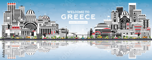 Welcome to Greece City Skyline with Gray Buildings, Blue Sky and Reflections.