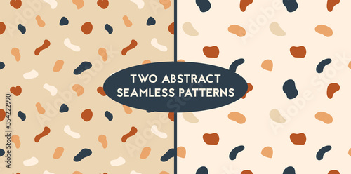 Trendy cream, orange and brown abstract spots seamless patterns set. Vector elegant warm print with blob shapes. For wrapping paper, textile, apparel. Eps10, editable