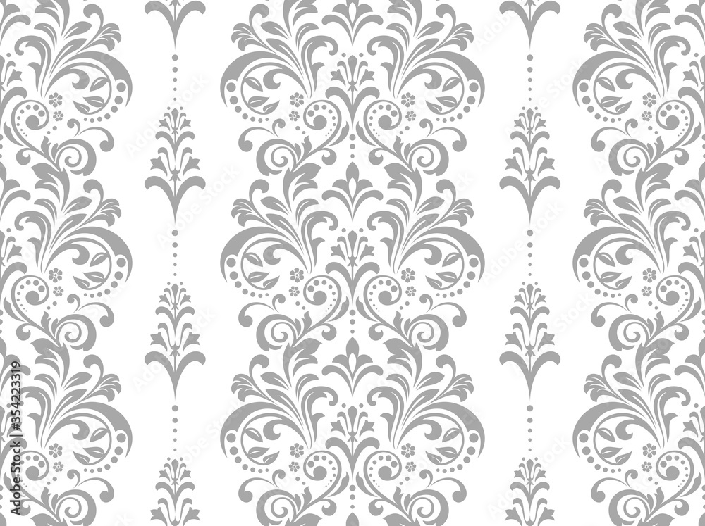 Wallpaper in the style of Baroque. Seamless vector background. White and grey floral ornament. Graphic pattern for fabric, wallpaper, packaging. Ornate Damask flower ornament.