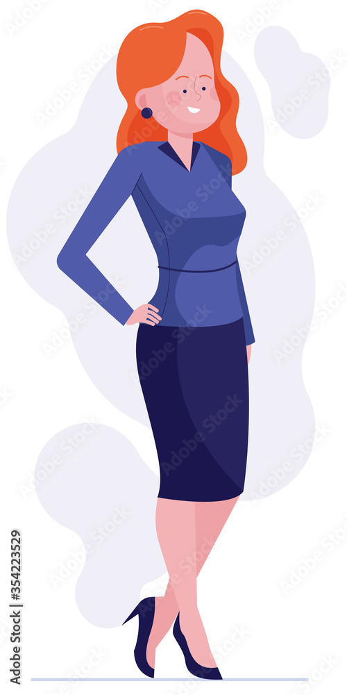 Businesswoman with loose hair standing. Successful woman in suit and heels smiling flat illustration. Office staff concept for banner, website design or landing web page Businesswoman with loose hair standing. Successful woman in suit and heels smiling flat illustration. Office staff concept for banner, website design or landing web page