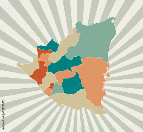 Nicaragua map. Poster with map of the country in retro color palette. Shape of Nicaragua with sunburst rays background. Vector illustration.