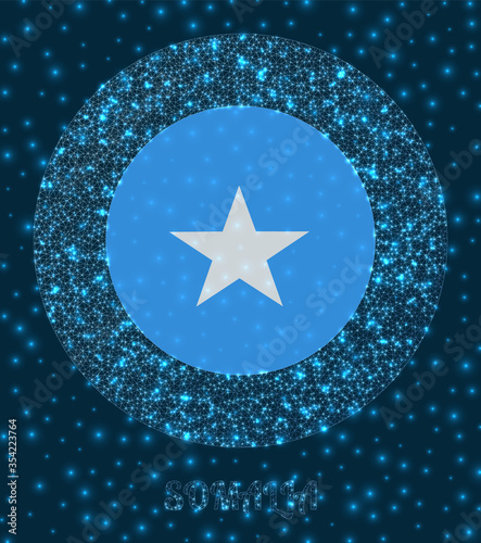 Round Somalia badge. Flag of Somalia in glowing network mesh style. Country network logo. Superb vector illustration.