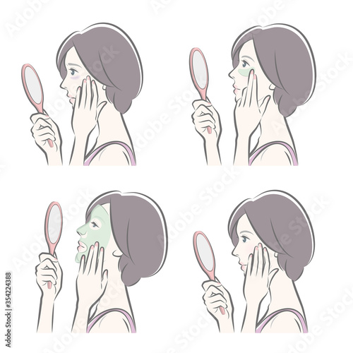 スキンケアをしている女性のイラスト