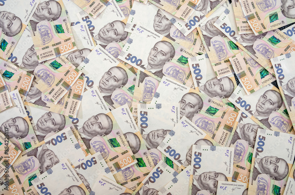Fototapeta premium Ukrainian hryvnia, new banknotes of 500 hryvnia. Financial background for 500 hryvnia. Money background