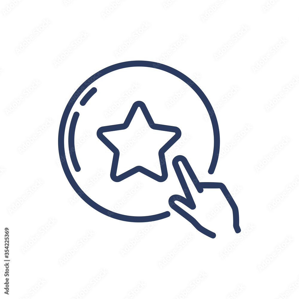 Hand pointing at bonus point thin line icon. Finger on button with star isolated outline sign. Loyalty program, customer satisfaction concept. Vector illustration symbol element for web design and app Hand pointing at bonus point thin line icon. Finger on button with star isolated outline sign. Loyalty program, customer satisfaction concept. Vector illustration symbol element for web design and app