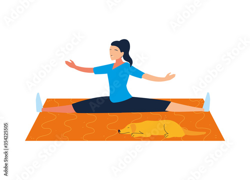woman doing stretching exercises in the company of her pet