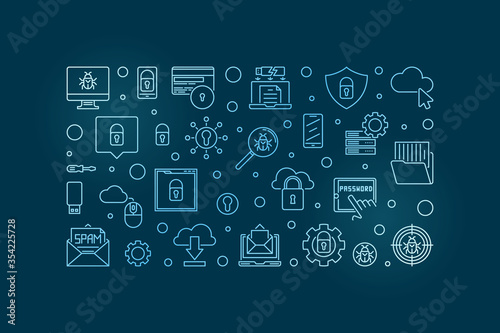 Cybersecurity vector concept blue outline horizontal banner or illustration on dark background