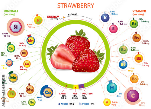 Calories, vitamins and minerals infographics of strawberry. Calorific value information about nutrients in berriest. Isolated vector illustration about vegetables, agriculture, nutrition, health food.