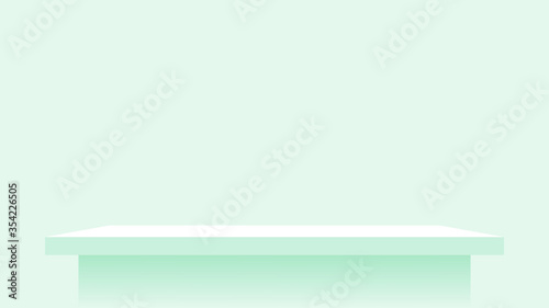 wood plank shelf on wall green pastel soft color, modern shelf for display show on space wall room, cute and chic counter desk panel for decoration, empty table top panel green, background copy space