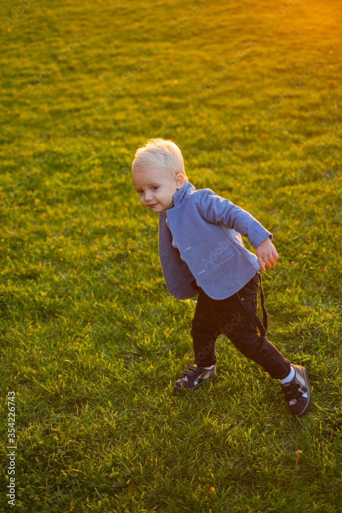Cute toddler boy walking on green grass meadow sunset evening. Walking till sunset. Kid enjoy walk in park. Kindergarten active games. Child care concept. Happy childhood. Kid boy likes walking Cute toddler boy walking on green grass meadow sunset evening. Walking till sunset. Kid enjoy walk in park. Kindergarten active games. Child care concept. Happy childhood. Kid boy likes walking