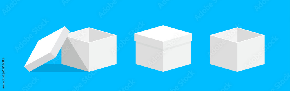 open gift box square white set for template design, box white isolated on blue background, single white case for gift present, blank box for greeting text concept, white gift box open for icon 3d cube