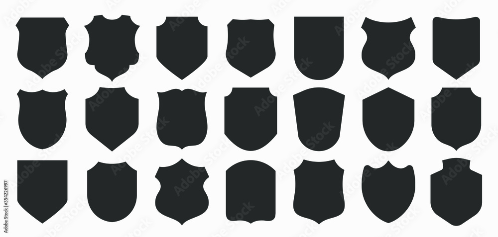 Big shields collection. Black silhouette shield shape, black label. Vintage or retro shields set. Vector illustration.