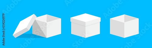 open gift box square white set for template design, box white isolated on blue background, single white case for gift present, blank box for greeting text concept, white gift box open for icon 3d cube