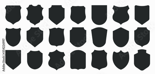 Big shields collection. Black silhouette shield shape, black label. Vintage or retro shields set. Vector illustration.