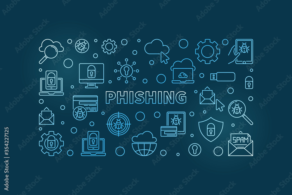 Phishing vector concept linear blue modern horizontal illustration or banner on dark background