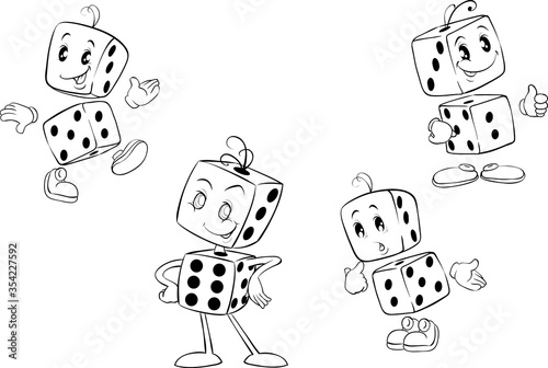 set of cute characters of dices, sketch, coloring, isolated object on a white background, vector illustration,