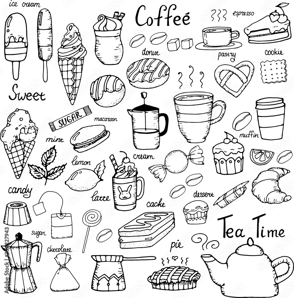 Hand drawn vector set of cute dessert elements. Doodle style. Black outlines isolated on white. Design for greeting cards, scrapbooking, textile, wrapping paper, cafe or restaurant menu, invitations.