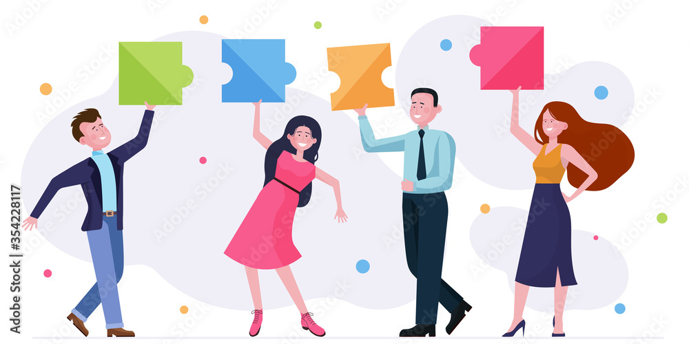 Happy business group enjoying office party. Team connecting puzzle pieces flat illustration. Teamwork, celebration, unity concept for banner, website design or landing web page