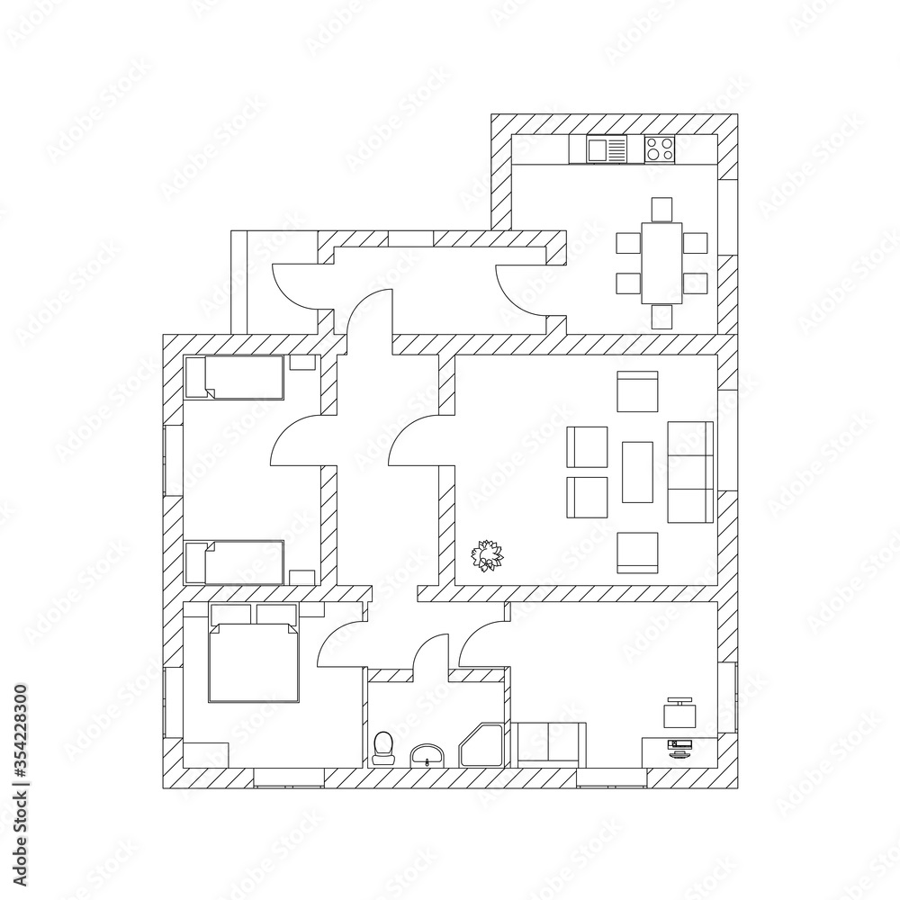 House interior suburban house. Black and White floor plan of a modern apartment. Vector blueprint. Architectural background.