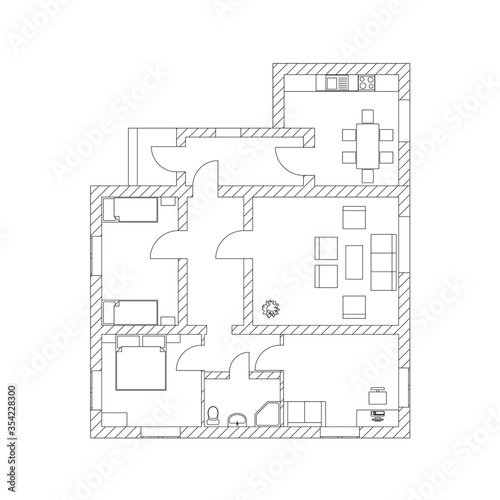 House interior suburban house. Black and White floor plan of a modern apartment. Vector blueprint. Architectural background.