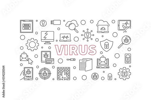 Virus vector thin line horizontal banner. Computer virus concept outline illustration © tentacula