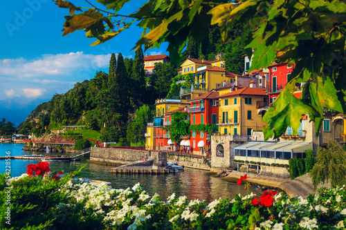 Varenna resort view and flowery ornamental garden, lake Como, Italy