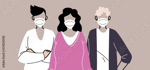 group of people in protective medical face masks, woman and man wearing protection from coronavirus