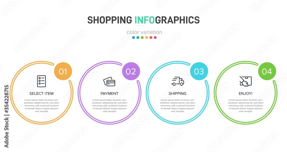 Concept of shopping process with 4 successive steps. Four colorful graphic elements. Timeline design for brochure, presentation, web site. Infographic design layout. Concept of shopping process with 4 successive steps. Four colorful graphic elements. Timeline design for brochure, presentation, web site. Infographic design layout.
