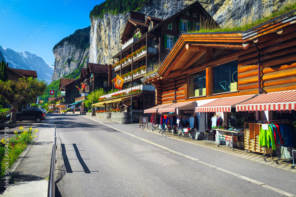 Sport shops and restaurants in the streets of Lauterbrunnen, Switzerland