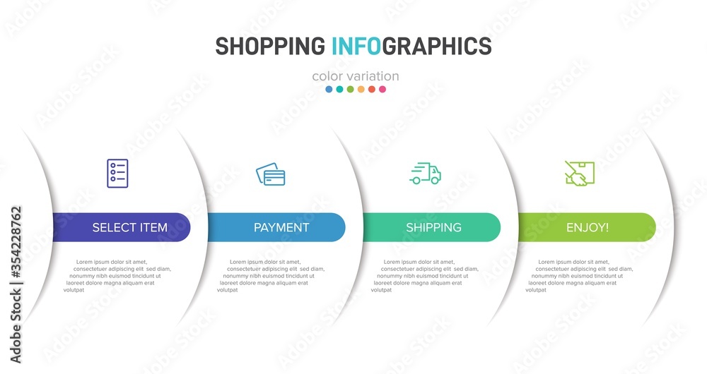 Concept of shopping process with 4 successive steps. Four colorful graphic elements. Timeline design for brochure, presentation, web site. Infographic design layout.