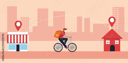 delivery man in protective face mask carries deliver to people in quarantine, bicycle courier