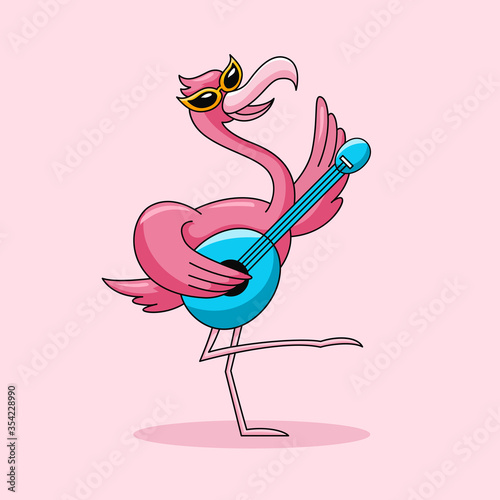 Happy flamingo bird dancing and playing small guitar for summer vibe vector illustration