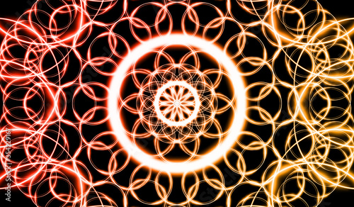 Abstract fractal background with a mandala made of luminous ring on a dark background.