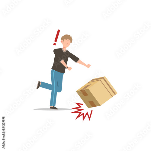 Cartoon character illustration of young man courier delivery dropped the box. Flat design isolated on white background.